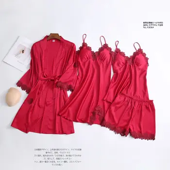 4PCS Pižama Nustatyti Šilko Raudona Moterų Nėriniai naktiniai drabužiai Pavasario Dirželis Pižamos Kostiumas Moterų Lounge Sleepwear su Krūtinės Pagalvėlės Namų Drabužiai