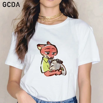 Disney Zootopia Nick Fox Apkabinimai Judy Triušis Print T-Shirt Mada Moterims T-shirt Cute Girl Atsitiktinis Viršūnes Paprasta Tees Harajuku