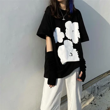 Korėjos stiliaus Grafikos Tees Harajuku trumpomis rankovėmis spausdinti Marškinėliai Vasarą naujų grynos medvilnės moterų atsitiktinis palaidų Viršūnes juoda moteris TShirts