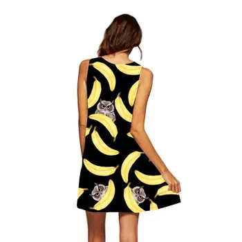 Seksualus Berankovis Bakas Suknelė 3D Bananų Pelėda Spausdinti Derliaus Vasarą Boho Paplūdimio Suknelė Moterims, Mini Trumpas Linija, Laisvi Šifono Suknelė