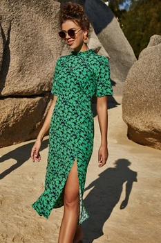 2021 Moterų Ritininės Suknelė Vasaros Atsitiktinis Paplūdimio Gėlių Spausdinti Bodycon Madinga Elagant Ponios Žaliųjų Atostogų Boho Šalies Midi Vestido