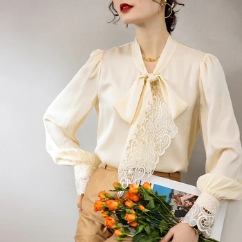 19mm Natūralaus Šilko Moterų Marškiniai Nėrinių Lankas Apykakle ilgomis Rankovėmis Kratinys Elegantiškas High Street Palaidinė Viršūnės