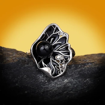 CIZEVA Vintage Black Pearl Sidabro Žiedas Moterims Tuščiaviduriai, Lapai Formos 925 Sidabro Žiedas Kokteilis Piršto Žiedas yra Rankų darbo Emalio