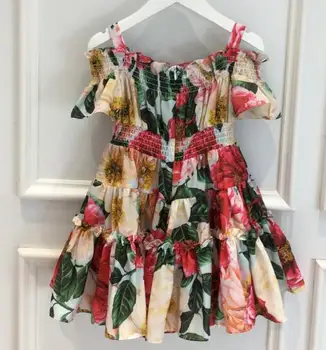 Baby girl vasaros derliaus gėlių dirželis princesė dress vaikai spausdinami šalies paplūdimys, big swing suknelė-line