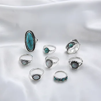 8PCS/Set Derliaus Bohemijos Sidabro Spalvos Turquoises Karka Žiedų Rinkinys Moterims Geometrinis Opal Midi Žiedai