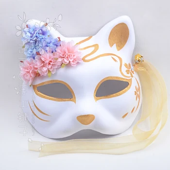 Japonų kimono fox katės kaukė rankomis dažyti anime cherry blossom aukso šilko bell cosplay