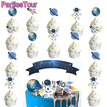 25pcs iš Vietos Šalies Pyragas Papuošalai Rėžtuvės Astronautas Raketų Žemė Cupcake Rėžtuvės Kosmoso Temą ir Laimingas Gimtadienio Naudai
