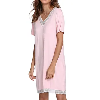 Moterų Suknelė 2021 M. Pavasario Vasaros Moterų Minkštas Sleepwear V Kaklo Nightshirt Atsitiktinis Sleepwear Trumpas Rankovės Pižamą Kietas Suknelė