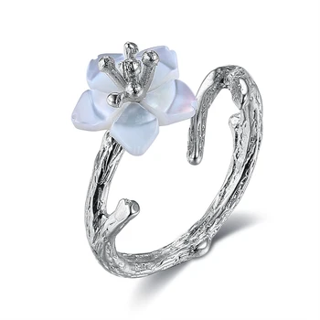 SILVERHOO 925 Sterlingas Sidabro Žiedas Moterims Balti Vyšnių Žiedai Shell Perlų Filialas Gėlių Žiedai Elegantiškas Moteris Fine Jewelry