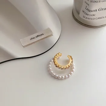 Korėjos Aukso Spalva, Dvigubas Ratas Pearl Ausies Manžetai Derliaus Geometrinis Kristalų Earcuff Netikrą Auskarų, Perlų Klipą Earings