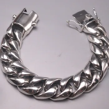 Solid S925 Sterling Silver Bracelet Men Luck 22mmW Curb Chain Link Bracelet 7.87inch 215-218g