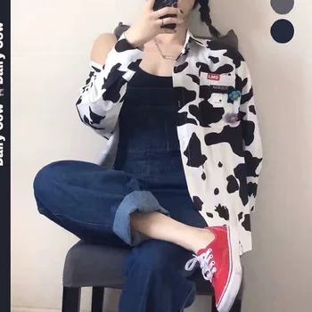 HOUZHOU Harajuku Karvė Spausdinti Palaidinės Moterims ilgomis Rankovėmis Marškinėliai korėjos Stiliaus Plius Dydis Mygtuką Iki Palaidų Drabužių Streetwear Viršūnes Naujas