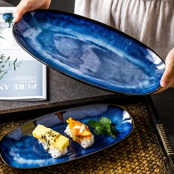 Keramikos Plokštės Japonų Stiliaus Patiekalų Krosnies Keitimas Katės Akis Mėlyna Žuvis Plokštė Namų Virtos Didelės Glazūra Spalva Kūrybos Suši Plokštė
