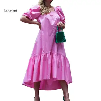 Moterų Retro Ilga Suknelė Kietas Hot Pink Susiėmę Trumpas Rankovės Kvadratinių Kaklo Prarasti Suknelė Rudenį Elegantiškas Inregular Suknelės Vestidos