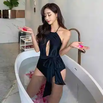 2021 Pietų Korėja Naujas Juodas Dirželis Apynasrio Tuščiaviduriai Seksualus Bikini Backless Juosmens Lankas Sagtis Stora Montavimo Aukštos Ruožas Maudymosi Kostiumėlis Moterims