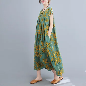 Trumpas rankovės medvilnės derliaus gėlių suknelės moterims atsitiktinis palaidų ilgas vasaros suknelė elegantiškas drabužius 2021 sundress