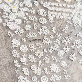 1sheet Balta Įspaustu Gėlių Nėrinių 5d Lipdukas, Decal Vestuvių Nagų Dailės Dizaino Gėlių Drugelis Japonijos Manikiūro Dekoras