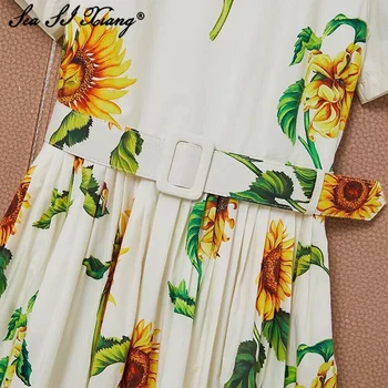 Seasixiang Mados Dizaineris Vasaros Medvilnės Suknelė Moterims, O-Kaklo trumpomis Rankovėmis Varčias Gėlių spausdinti Suknelės