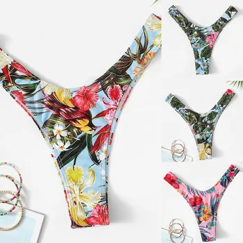 Naujas Moterų Brazilijos T-Atgal Iškirpti Diržas Apačioje Bikini Maudymosi kostiumai Seksualus Gėlių Spausdinti Apačioje Dirželius Brazilijos biquini Monokini Sexy