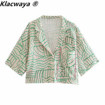 Klacwaya Moterų 2021 Mados Kišenės Spausdinti Negabaritinių Pasėlių Palaidinės Derliaus Trumpomis Rankovėmis Mygtuką-Iki Moterų Marškiniai, Elegantiškos Viršūnes Mujer