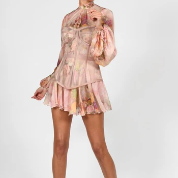 Moterims Dviejų dalių Rinkinys, 2021 M. Vasaros Gėlių Spausdinti ilgomis Rankovėmis Mini Suknelė ir Apvalkalu Femme Atsitiktinis Slim Derliaus Vestidos Apranga F361