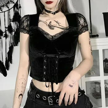 Gotikos Vasaros Aksomo Tshirts Moterų 2021 Naujas Mados Sexy Nėrinių Tvarstis Bamba Trumpi Marškinėliai Moteriška Highstreet Merginos Goth Punk Chic