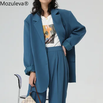 Mozuleva 2021 Prašmatnus Prarasti Šviesiai Mėlynos Moterų Švarkas Rudenį Vieną Mygtukai Moterų Kostiumas Striukė Visiškai Rankovės Outwear Švarkas Femme