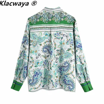 Klacwaya Za 2021 Žalia Spausdinti Moterų Marškinėliai Derliaus Pritvirtinti Ilgomis Rankovėmis Mygtuką Iki Marškinėliai Moteris Retro Mados Atsitiktinis Vasaros Palaidinukės
