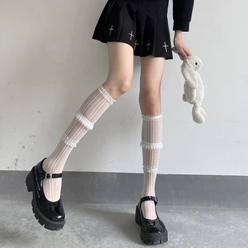 Y Demo Gotikos Sexy Nėrinių Raukiniai Juostelės Kojinės Moterims Harajuku Punk Vidurio blauzdos Kojinės Tuščiaviduriai Iš 2021