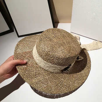 Naujas Hepburn Stiliaus High-end Užsakymą Sūrus Šiaudai, Šiaudų Skrybėlę Moterims Vasaros Retro Flat Top Hat skėtį nuo saulės Paplūdimio Skrybėlę Chapeu Feminino