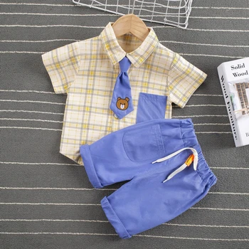 Vasaros Kūdikių Drabužiai 2021 Berniukas nustatyti Trumpi rankovėmis Pledas Marškiniai su Kaklaraištis + Šortai 2 Gabalas Vaikų Komplektus Lokys Modelis