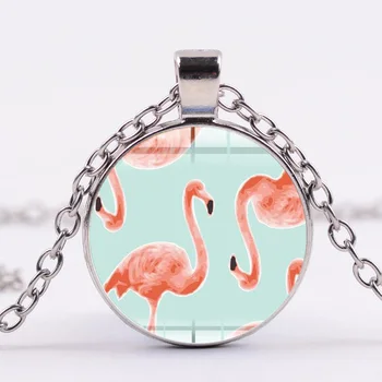 SIAN Romantiška Pink Flamingo Karoliai Mielas Animacinių filmų Meno Nuotrauka Stiklo Cabochon Pakabukas Karoliai Moterų Šalies Drabužių Accesories