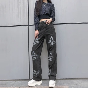 Moterų High Waisted Džinsai Drugelis Spausdinti Tiesiai Pločio Kojų Džinsinio audinio Kelnės Baggy Prarasti Atsitiktinis Kelnės Streetwear