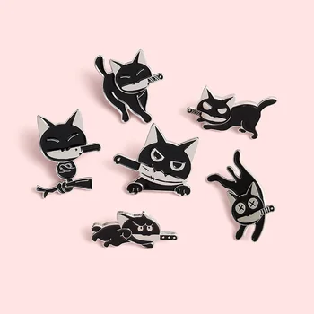 Populiarių animacinių filmų juoda katė kramtymas peilis juokinga gyvūnų metalo varva sagė 