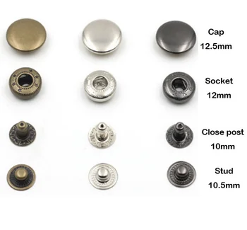 100sets Metalo snap mygtukų 12,5 mm, #486 keturias dalis žalvario metalo mygtuką pavasario snap mygtuką, sidabro, bronzos, juoda FP-037