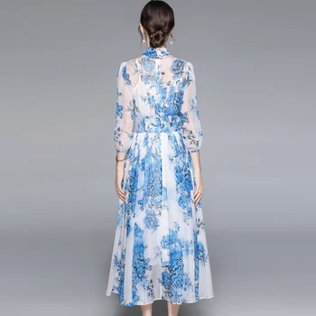 Banulin 2021 m. Vasaros Mados kilimo ir tūpimo Tako Derliaus Midi Suknelė Moterims Sluoksniuotos rankovėmis Elegantiškas Lankas Diržo Gėlių Spausdinti Šifono Suknelė Vestdios