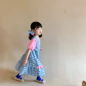 2021 M. Vasarą Naujų Mergaičių Suknelė Korėjos Kontrasto Susiuvimo Rankovėmis Plisuotos Gėlių Suknelė