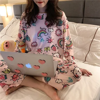 Pajama Sets Women Long Sleeve Plus Size 2XL Printed Homewear Kawaii Korean Style Womens Sleepwear Trendy Leisure Loose Elegant