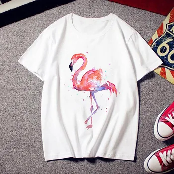 Moteris, T-shirt Naujas Flamingo Vasaros Spausdinti marškinėliai Atsitiktinis Balta T-shirt Mados Moteris Animacinių filmų Trumpas Rankovės