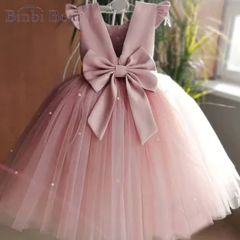 Naujas Persikų Pink Gėlių Mergaičių Suknelės, Vestuvių Duobute Backless Gimtadienio Vakarą Tiulio Suknelė Princesė Kamuolys Suknelė Vestidos