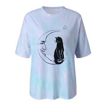 Grafinis Palaidinė Moteris Saulė Ir Mėnulis Spausdinti O-kaklo Prarasti Long Sleeve T-shirt Viršūnes Moterų 2021 Atsitiktinis trumpomis Rankovėmis Viršūnes Palaidinė#f35