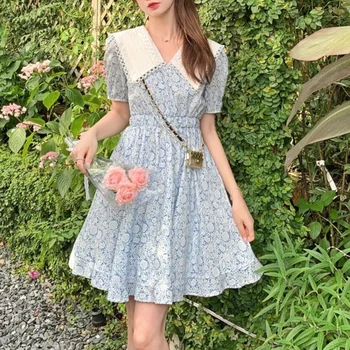 Trumpas Rankovės Derliaus Gėlių Suknelės Moterims Atsitiktinis prancūzijos Saldus Mini Suknelė Moterys Dizaino korėjos Stiliaus Nėrinių iki 2021 m. Vasarą Boho
