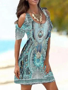 Vasaros O-Kaklo Spausdinti Moterų trumpomis Rankovėmis Suknelė Lady Off Peties Sundress Paplūdimio Mini Suknelė