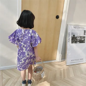 2021 m. pavasario ir vasaros vaikų drabužiai mergaitėms suknelė violetinė gėlių suknelė vaikams apsirengti baby girl drabužiai