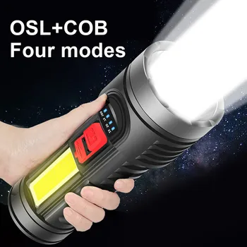 Lauko Nešiojamų OSL LED Žibintuvėlis su Galinga COB Šoninis apšvietimas įmontuota Baterija USB Įkrovimo Taktinis Žibintuvėlis 4 Režimai