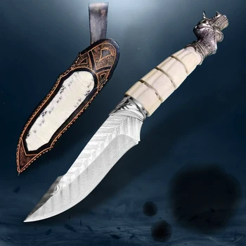 Medžioklės peilis rankų darbo Damasko plieno elnių ragai fiksuotu taktinis peilis su apvalkalu išgyvenimo Bushcraft peilis kempingas įrankis