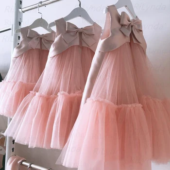Naujas Persikų Pink Gėlių Mergaičių Suknelės, Vestuvių Duobute Backless Mergina Gimtadienio Vakarą Tiulio Suknelė Princesė Kamuolys Suknelė