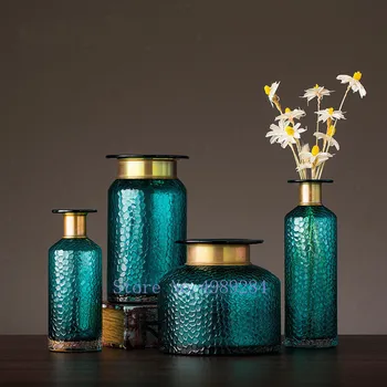 Centras gabalas žalio stiklo vaza, aukso apdaila, naujos konstrukcijos džiovintų gėlių vaza namų dekoro šešiakampis raižyti mozaikos vaza