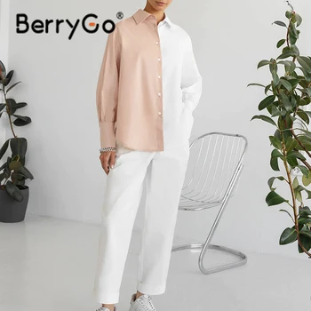 BerryGo Rudens Spalvos Bloką Atsitiktinis Moterų Palaidinė Kietas Medvilnės Atvartas Apykaklės Office Lady Marškinėliai Visą Žibintą Rankovėmis Moteriška Viršuje 2021