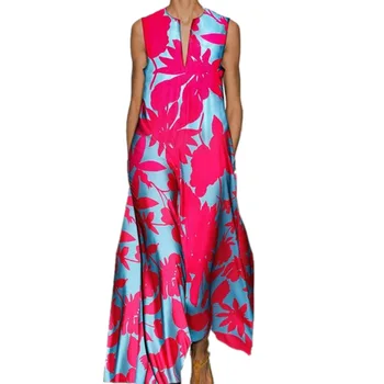 Elegantiškas Spausdinti Bohe Vasaros Suknelė be Rankovių Gėlių V-kaklo Kišenės Prarasti Suknelė 2021 Atsitiktinis Šalies Paplūdimys Suknelė Plus Size Vestidos